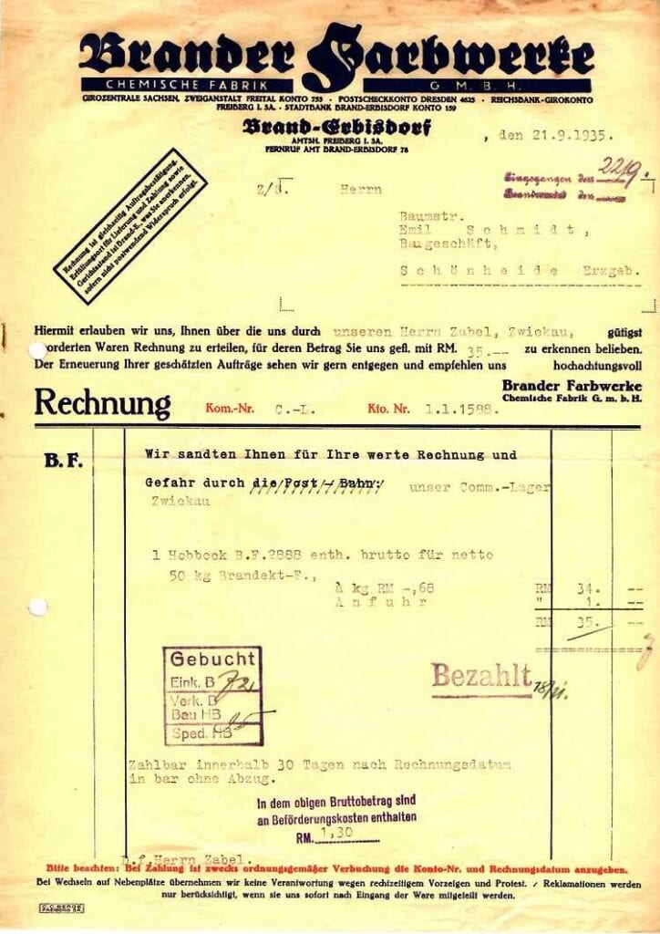 Alte Rechnung der Brander Farbwerke von 1935