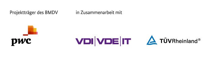 Logos der Partner und Projektträger des Bundesministeriums für Digitales und Verkehr, pwc, VDI,VDE und IT sowie TÜVRheinland